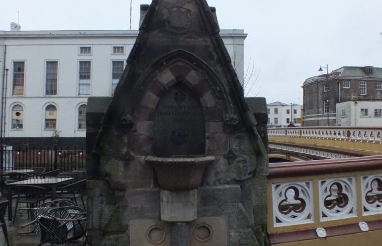White Mansfield Limestone, Pink Sandstone and Pink Aberdeen Granite drinking fountain 'The Gift of Thomas Garfitt Esq. 1860.